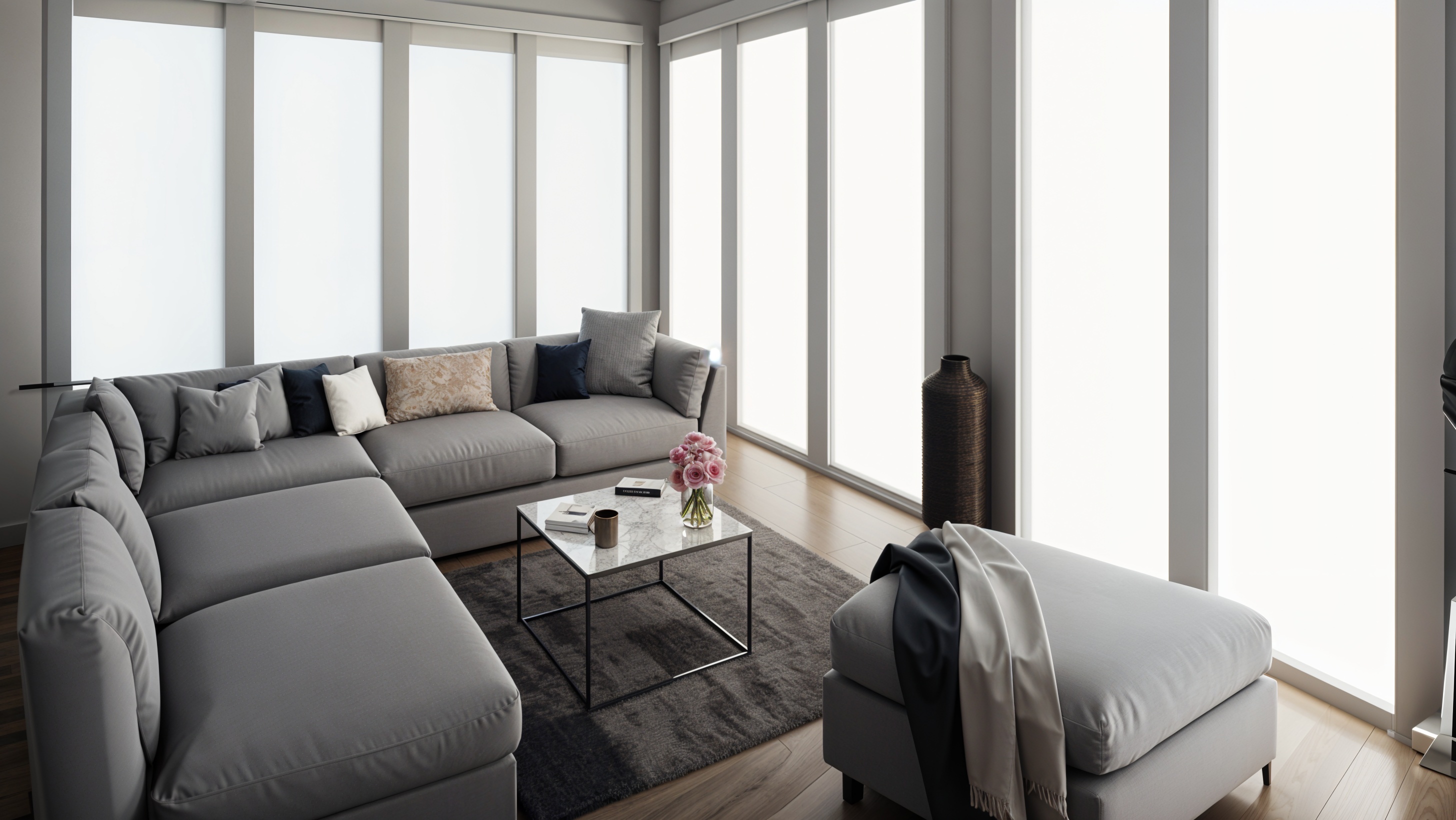 Modern living room with roller shades