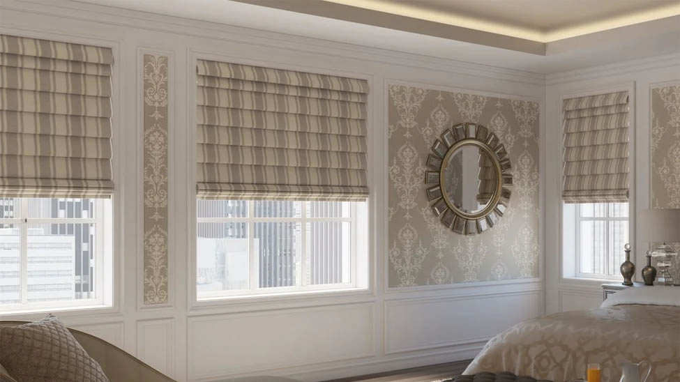 Roman shades in a bedroom