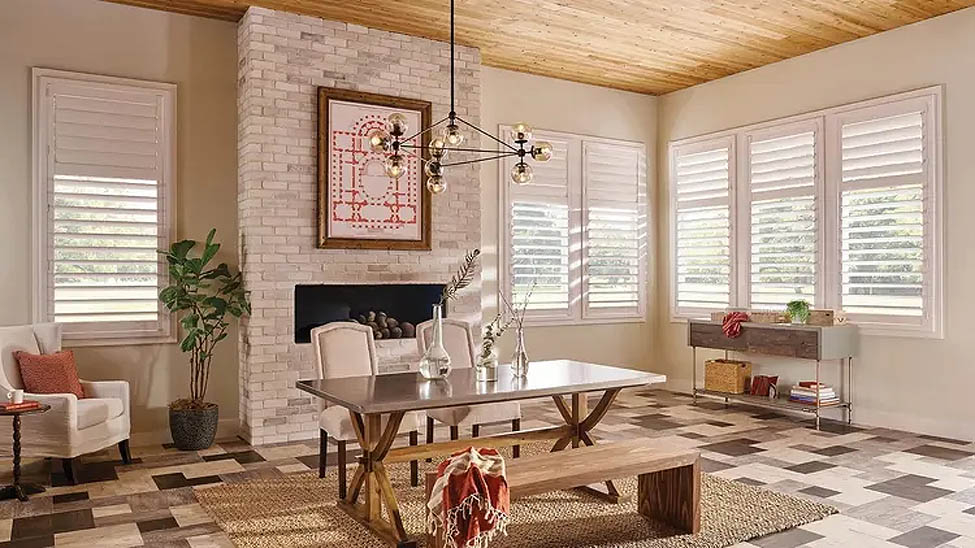 Plantation shutters in a dining room