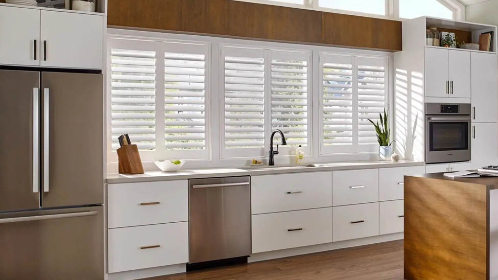 Water resistant shutters in a kitchen