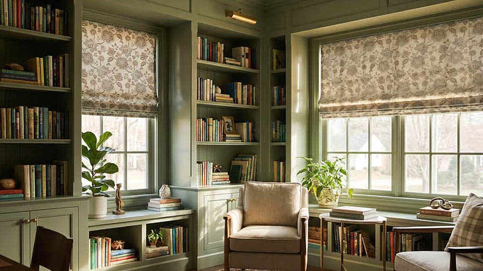 Roman shades in a study