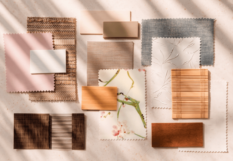 Blind and shade fabric samples laid out in sunlight