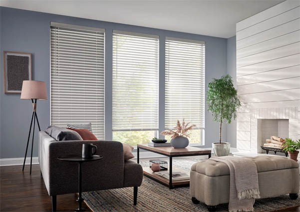 Horizontal faux wood blinds in sitting room