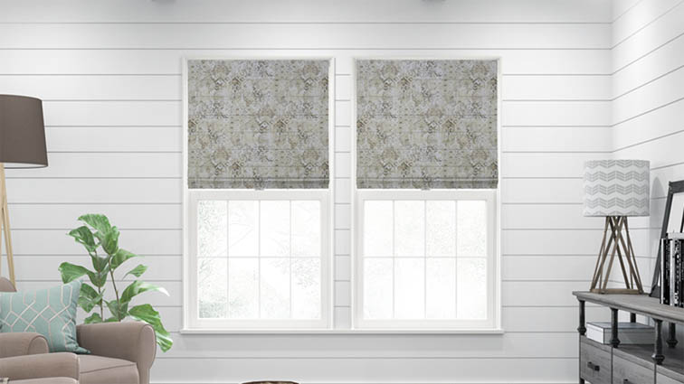 Roman shades with patterned fabric