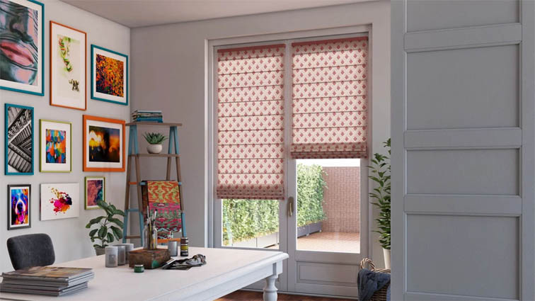 Roman shades with a fabric pattern