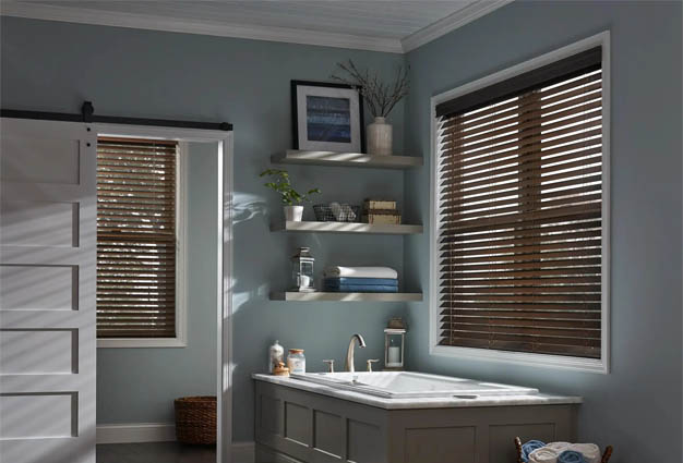 Durable faux wood blinds in a bathroom