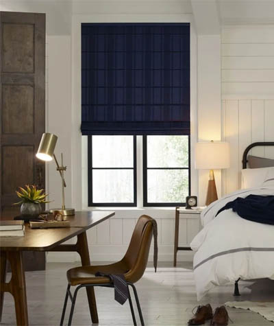 Roman shade in farmhouse style bedroom