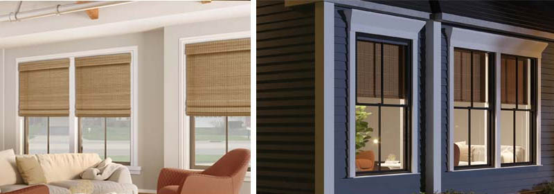 Bamboo shades from inside and outside the same room