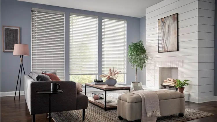 Faux wood blinds in modern organic room