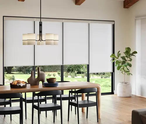 Roller shades in organic modern dining room