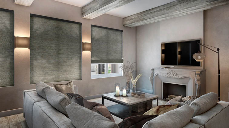 Green bamboo shades in a living room