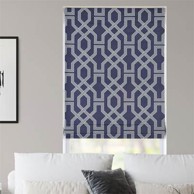 Roman shade in blue geometric pattern