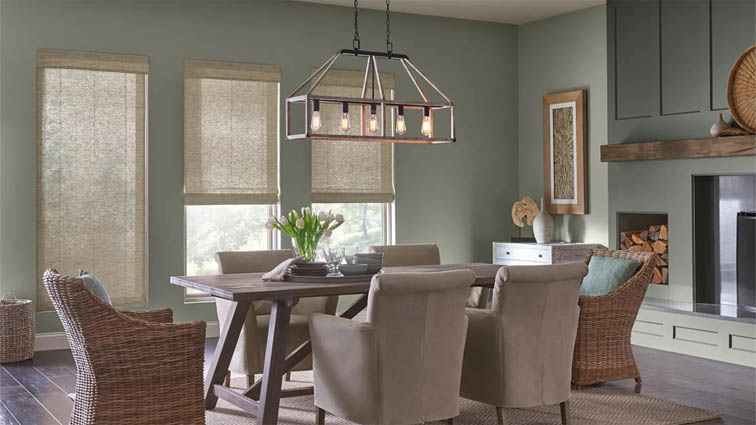 Bamboo shades in a dining room