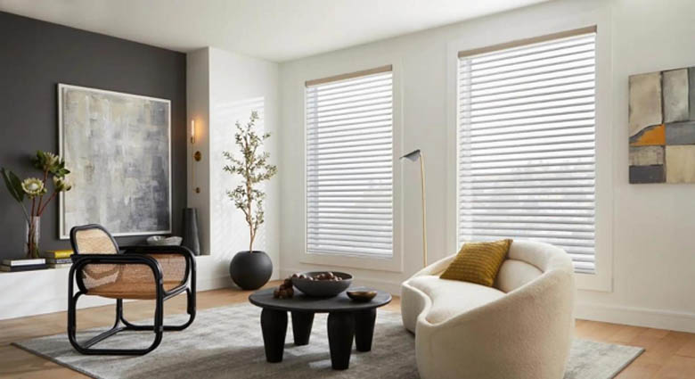 Cordless faux wood blinds in living room