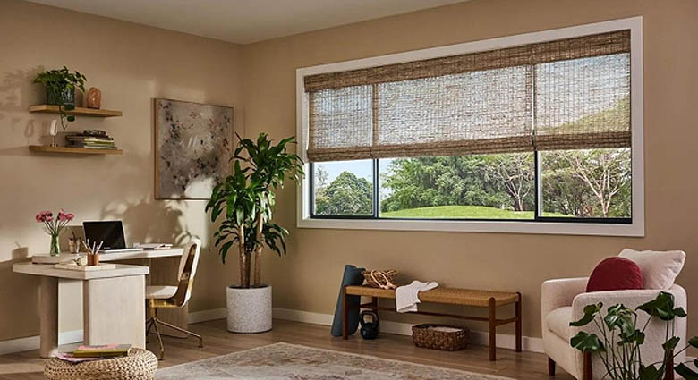 Woven wood shade in office