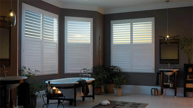 Faux wood plantation shutters in a bathroom