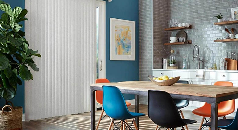 Vertical blinds on a sliding door in a kitchen