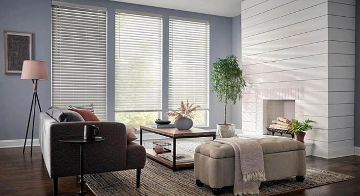 Faux wood blinds in a living room