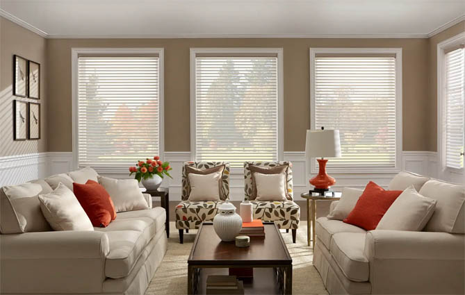 Faux wood blinds in a living room