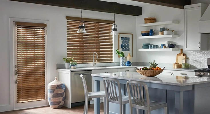Faux wood blinds in a kitchen