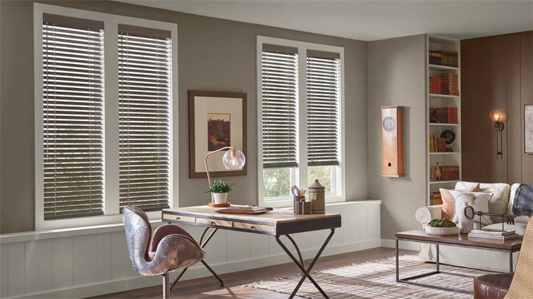 Faux wood blinds in an office
