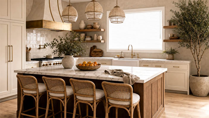 Faux wood blinds that coordinate with a kitchen