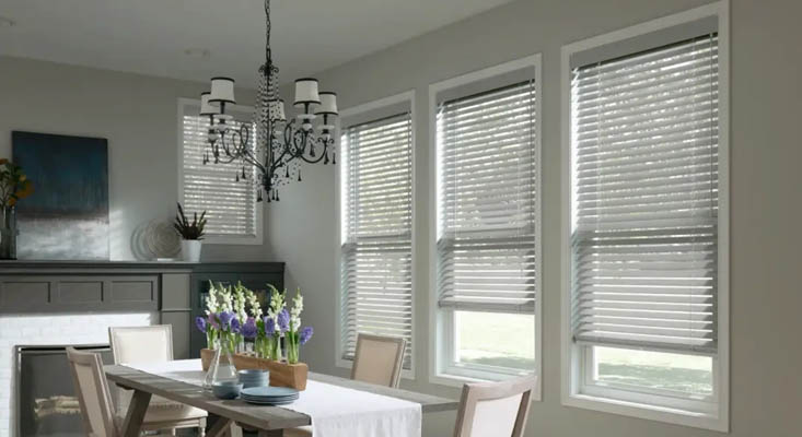 Wood blinds in a dining room