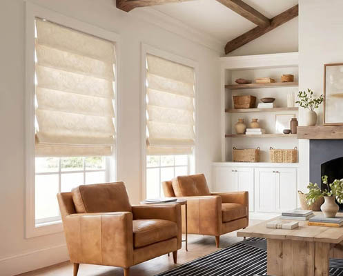 Soft fold shades in a living room