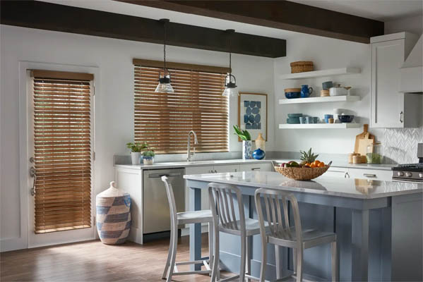 Faux wood blinds in a kitchen