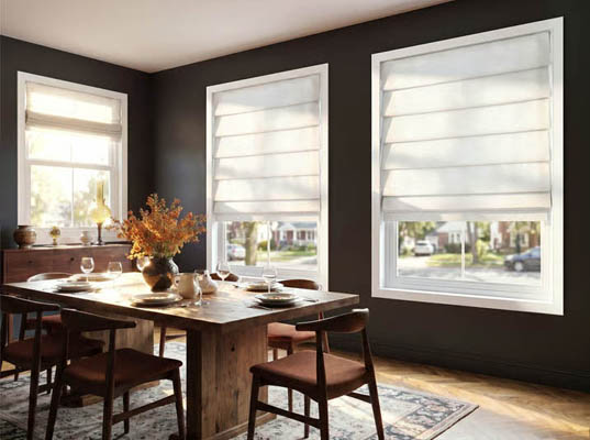 Soft fold roman shades in a dining room