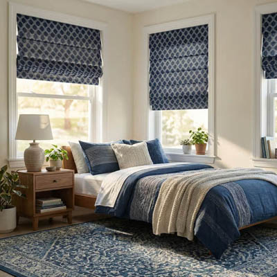 Soft fold roman shades in a bedroom
