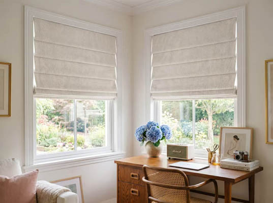 Soft fold roman shade in a home office