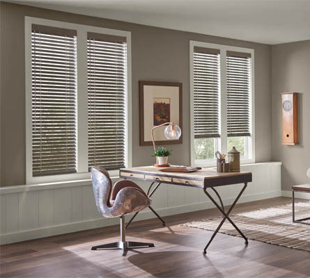 Wood blinds in a home office